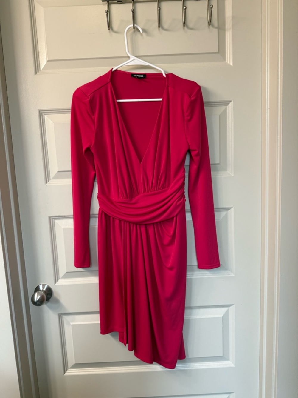 Express Fuchsia Long-Sleeve V-Neck Draped Waist Dress